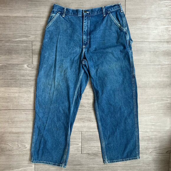 Y2K Carhartt Dungaree Relaxed Fit Jeans Wide Leg Medium Wash USA Size 36X30 - Picture 1 of 6